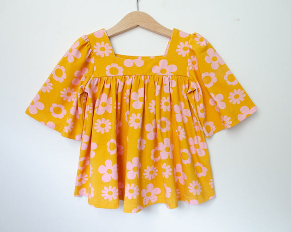 Retro Mustard Daisy Bell Sleeve Top for Baby Toddler and Girls