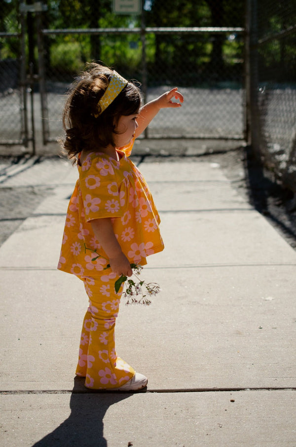 Retro Mustard Daisy Bell Sleeve Top for Baby Toddler and Girls