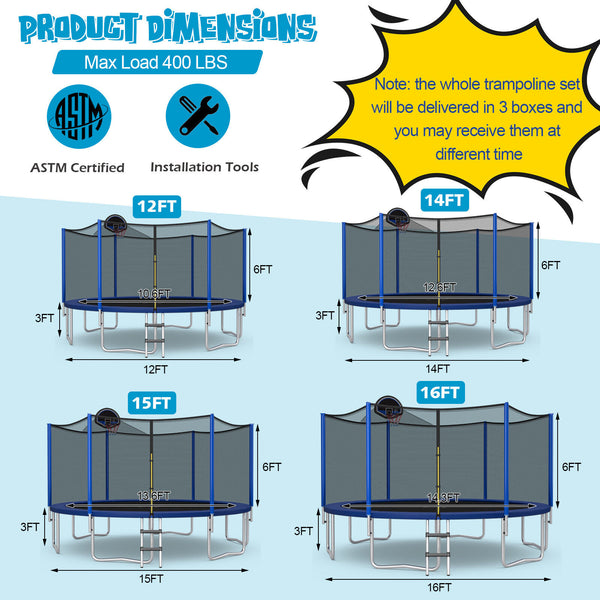 15/16 feet outdoor trampoline with enclosure net, perfect for safe recreational fun for kids.