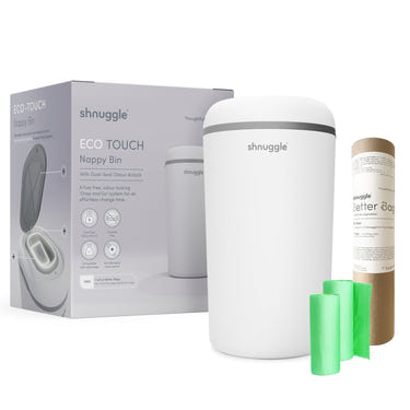 Shnuggle Eco-Touch Nappy Bin Diaper Pail with 30 Better Bag Liners for easy and eco-friendly diaper disposal.