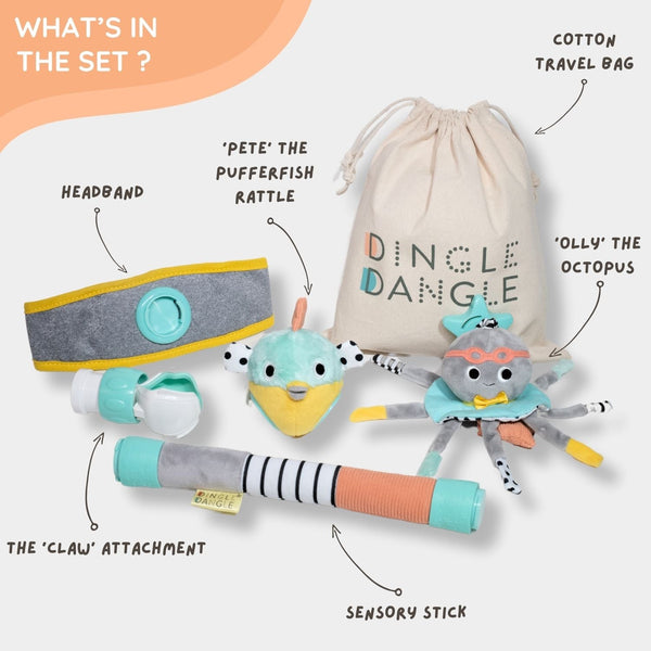 Dingle Dangle 3-in-1 Baby Gift Set displayed from angle 3, featuring colorful toys and accessories for infants.