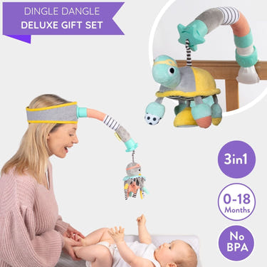Deluxe Dingle Dangle Baby Gift Set for strollers and travel systems, featuring colorful toys and accessories.