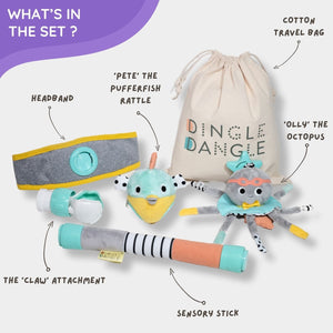 Deluxe Dingle Dangle Baby Gift Set in stroller, showcasing vibrant toys and accessories for travel convenience.