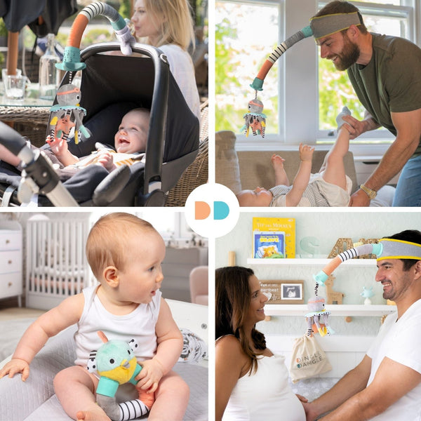 Deluxe Dingle Dangle Baby Gift Set in stroller, showcasing vibrant toys and accessories for on-the-go fun.