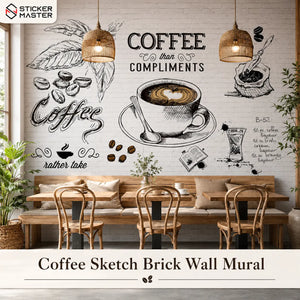 Coffee Sketch Brick Wall Mural for Cafe & Kitchen Walls