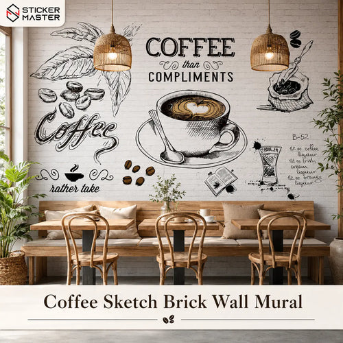 Coffee Sketch Brick Wall Mural for Cafe & Kitchen Walls