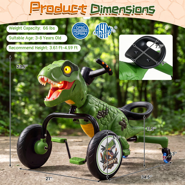Dinosaur Drift Tricycle with Lights and Spray and 360-Degree Spin Mode