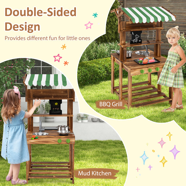 Double-Sided Mud Kitchen with Canopy and Chalkboard for 3+ Years Old