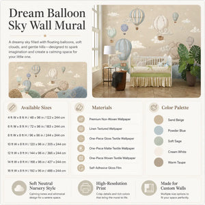 Dream Balloon Sky Wall Mural for Calm Nursery Rooms