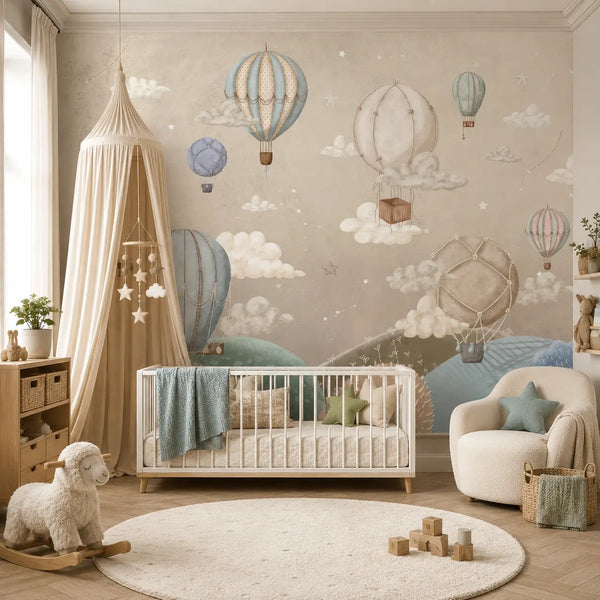 Dream Balloon Sky Wall Mural for Calm Nursery Rooms