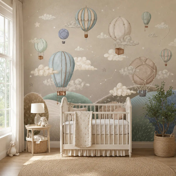 Dream Balloon Sky Wall Mural for Calm Nursery Rooms
