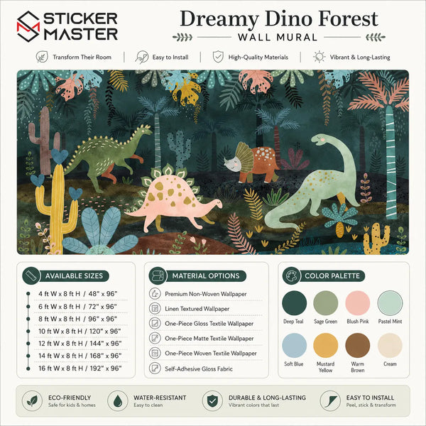 Dreamy Dino Forest Kids Wall Mural | Dinosaur Nursery Wallpaper