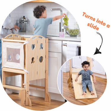 Laurel 4-in-1 Foldable Kitchen Tower for toddlers: step stool, slide, and chalkboard in one versatile design.