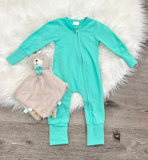 Colorful Zippy Jammie’s zip pajamas for babies, featuring a cozy design and playful patterns. Angle 5 view.