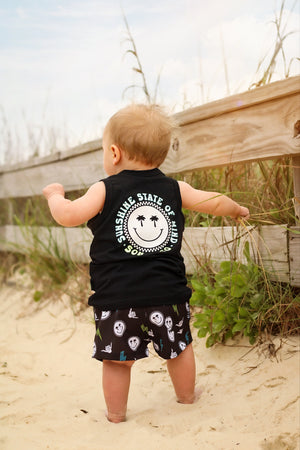 Baby Sunshine State of Mind Swim Trunks in vibrant colors, perfect for summer fun and beach days. Angle 6 view.