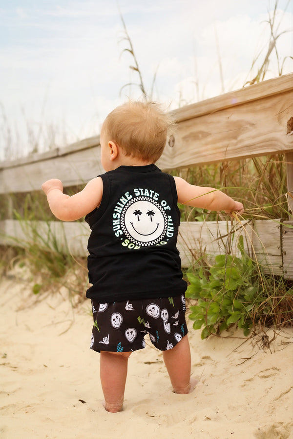 Baby Sunshine State of Mind Swim Trunks in vibrant colors, perfect for summer fun and beach days. Angle 6 view.