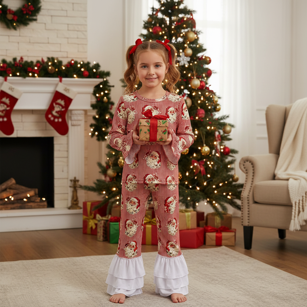 Santa Stripe two-piece ruffle set for babies, perfect for festive playtime and holiday celebrations.