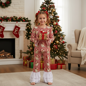 Santa Stripe two-piece ruffle set for babies, featuring festive colors and playful design, perfect for holiday fun.