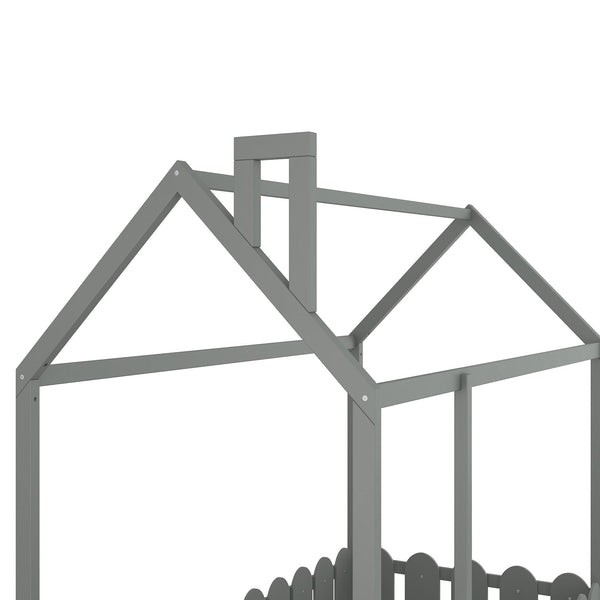 {Slats are not included}Twin Size Wood Bed House Bed Frame with Fence for Kids Teens Girls Boys {Gray}