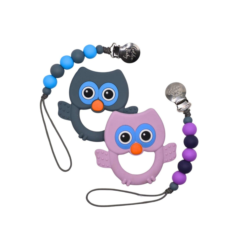 Purple owl teether set for babies, perfect for soothing gums and promoting healthy dental development.