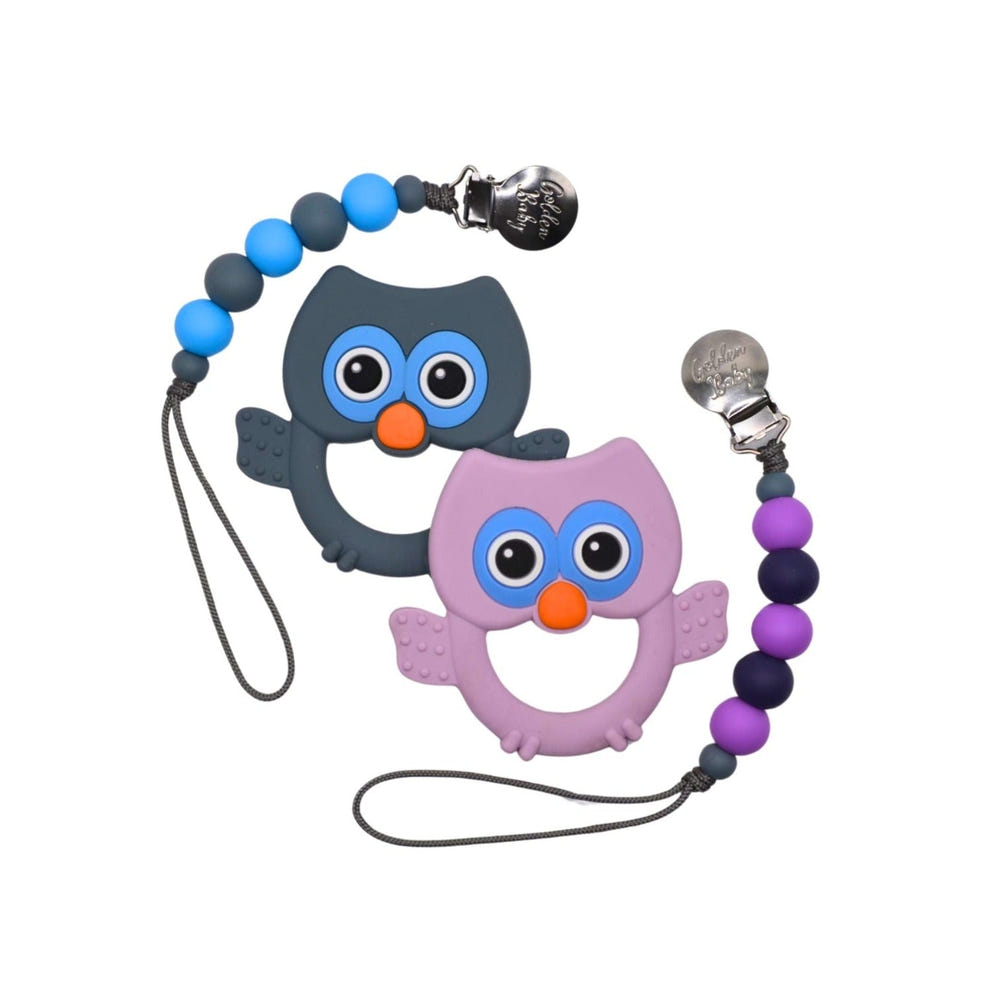 Grey owl teether set for babies, perfect for soothing gums and promoting healthy chewing habits.