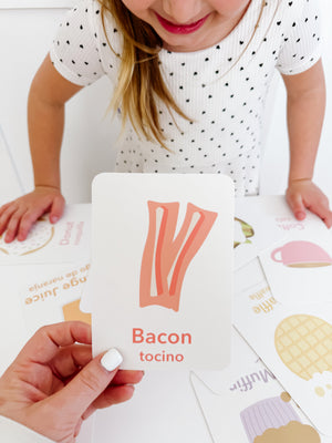 "Colorful breakfast flashcards for early learning and sensory play, showcasing engaging food illustrations."