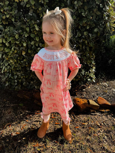 Smocked bows daddy's girl dress for babies, stylish and adorable clothing for little girls.