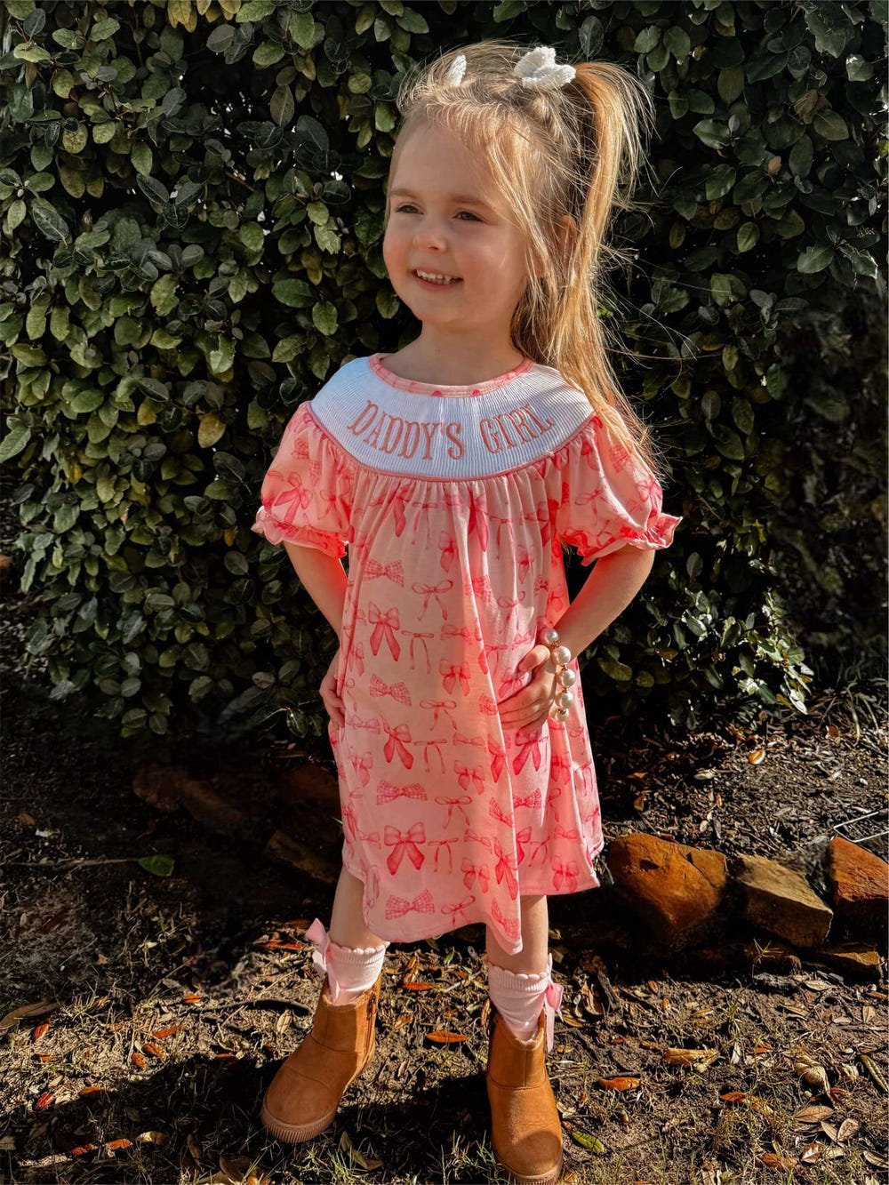 Smocked bows daddy's girl dress for babies, stylish and adorable clothing for little girls.
