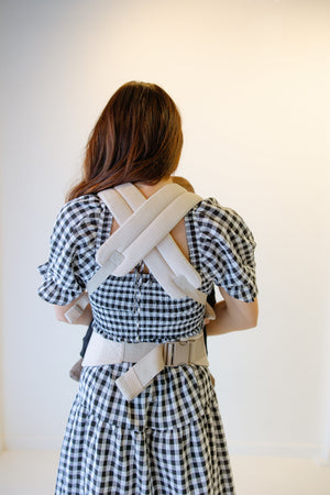 Coco Cream Cotton Linen Baby Carrier for infants 7-35 lbs, shown at angle 6, stylish and comfortable for parents.