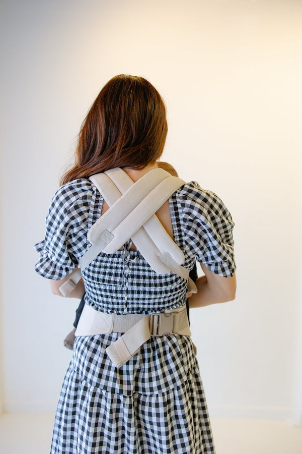 Coco Cream Cotton Linen Baby Carrier for infants 7-35 lbs, shown at angle 6, stylish and comfortable for parents.