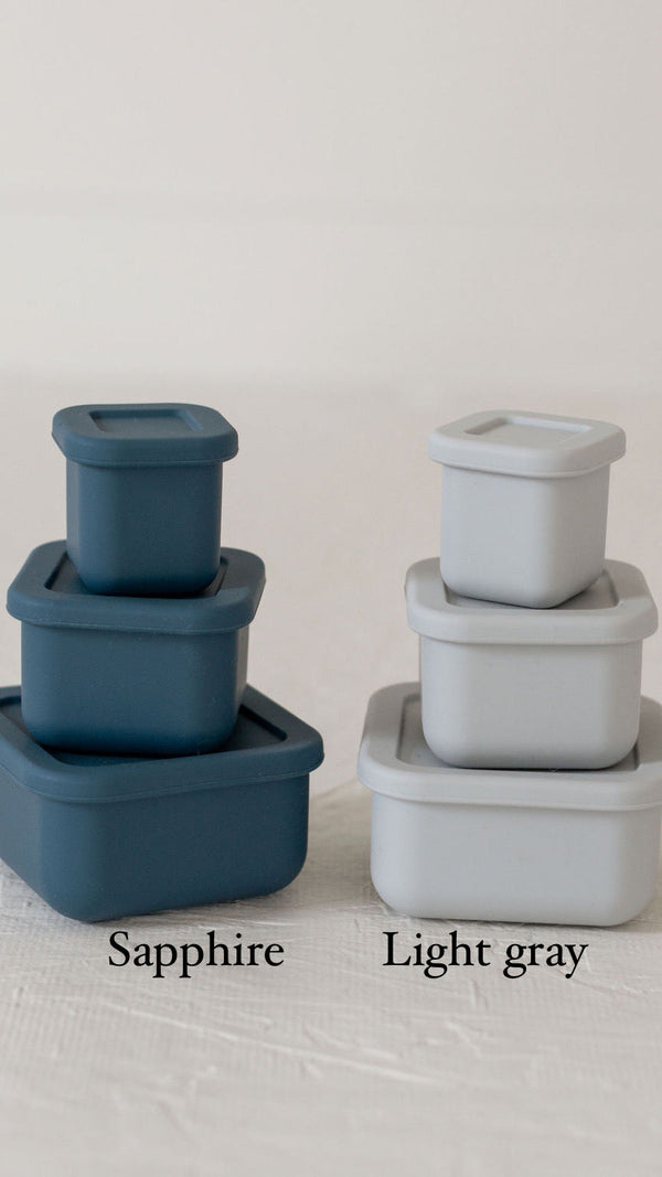 Silicone Bento Box Set of 3 for baby food storage and on-the-go meals, angled view showcasing vibrant colors.