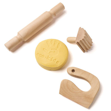 Eco-Dough Wooden Tools Set for creative play with dough, featuring eco-friendly materials and vibrant colors.