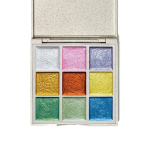 Metallic watercolors in a wheat straw palette, showcasing vibrant colors and eco-friendly design from an angled view.