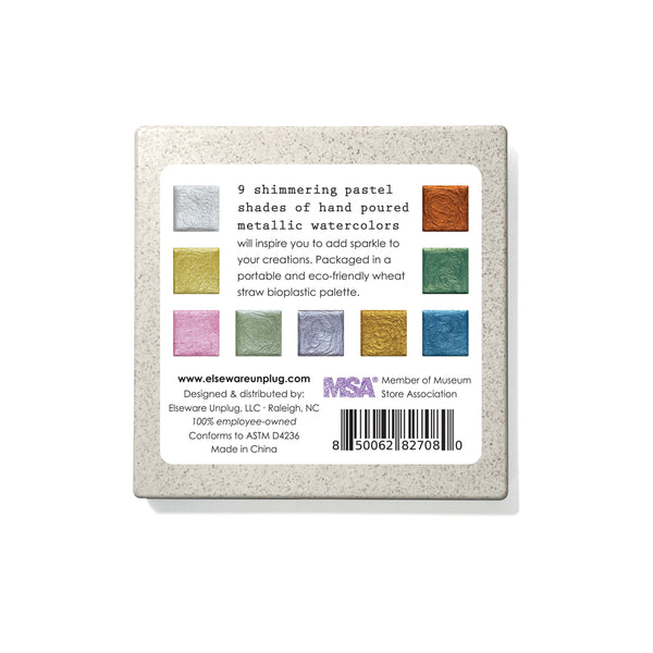 Metallic watercolors in a wheat straw palette, showcasing vibrant colors and eco-friendly design. Angle 4 view.