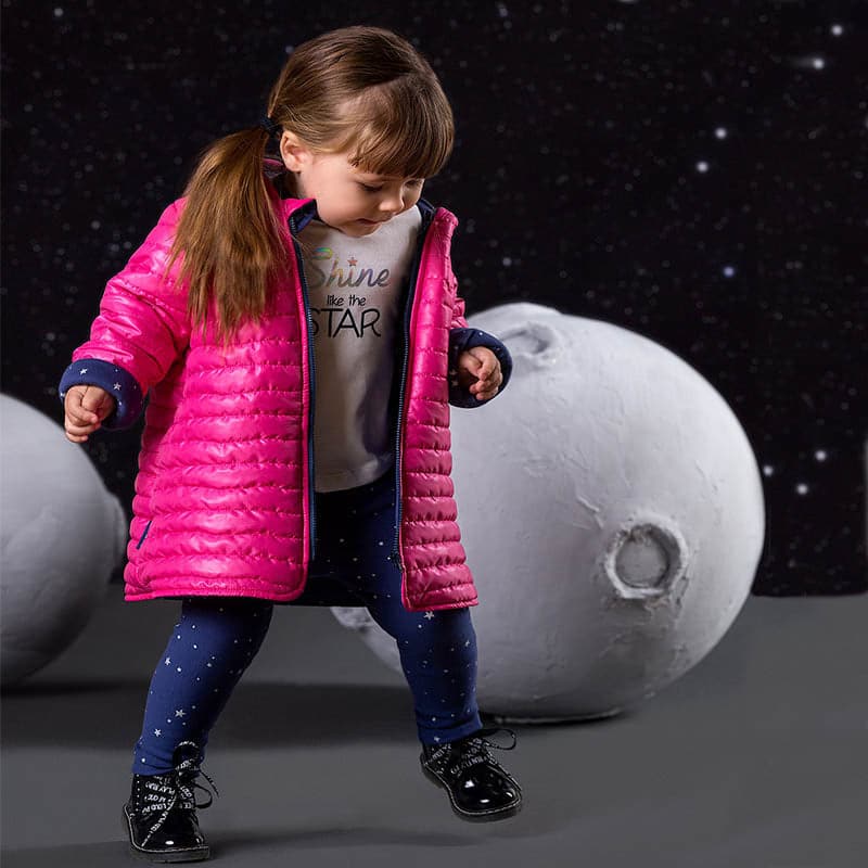 Girls pink quilted coat for infants, perfect for stylish warmth in cold weather. Ideal for coats and parkas collection.