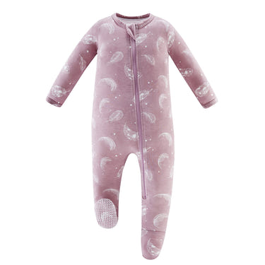 Bamboo long sleeve zip footed pajamas in feather mauve for babies, soft and eco-friendly sleepwear.