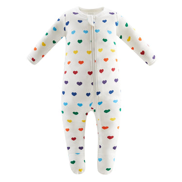 100% Organic Cotton Zip Footed Pajamas in Rainbow Hearts design for babies, soft and cozy sleepwear.