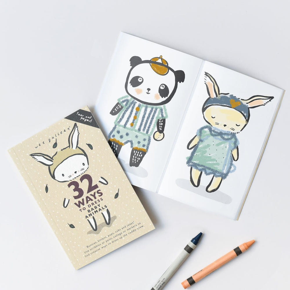 "32 Ways to Dress Baby Animals activity book for kids, featuring colorful illustrations and fun dressing activities."