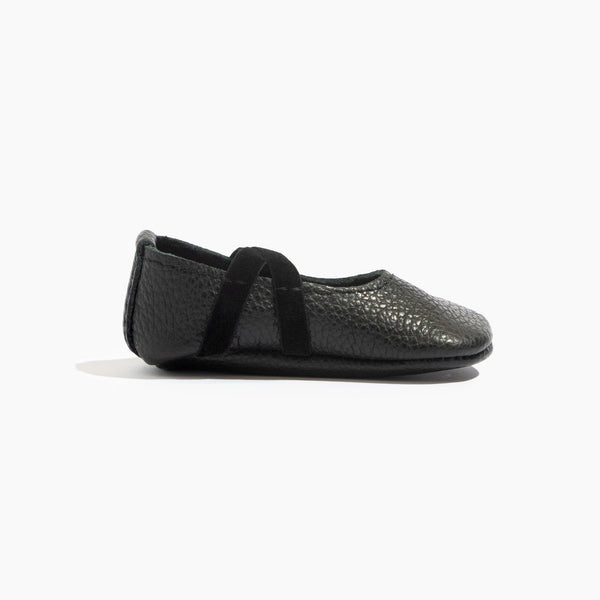 Ebony ballet slipper baby shoe from angle 3, featuring soft material and elegant design for little dancers.