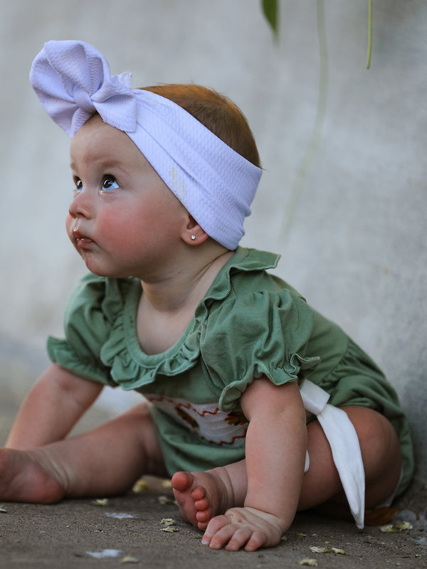 Fall Thanksgiving Chicken Smock Embroidered Green  Baby Girl Romper