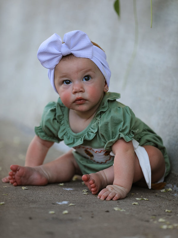 Fall Thanksgiving Chicken Smock Embroidered Green  Baby Girl Romper