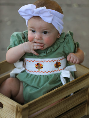 Fall Thanksgiving Chicken Smock Embroidered Green  Baby Girl Romper