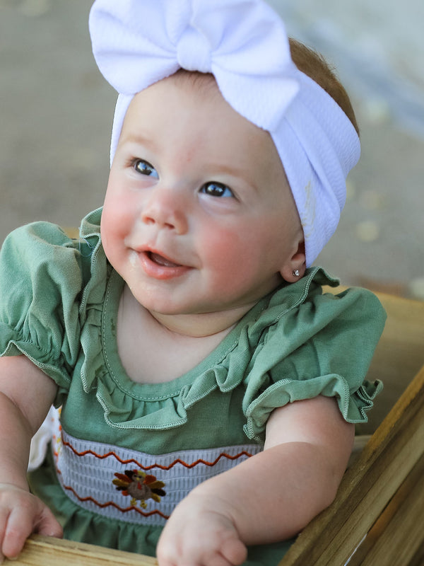 Fall Thanksgiving Chicken Smock Embroidered Green  Baby Girl Romper