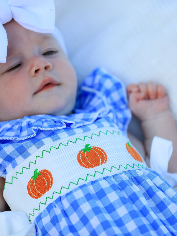 Fall Thanksgiving& Halloween Blue Pumpkin Smock Embroidery Baby Girl Romper