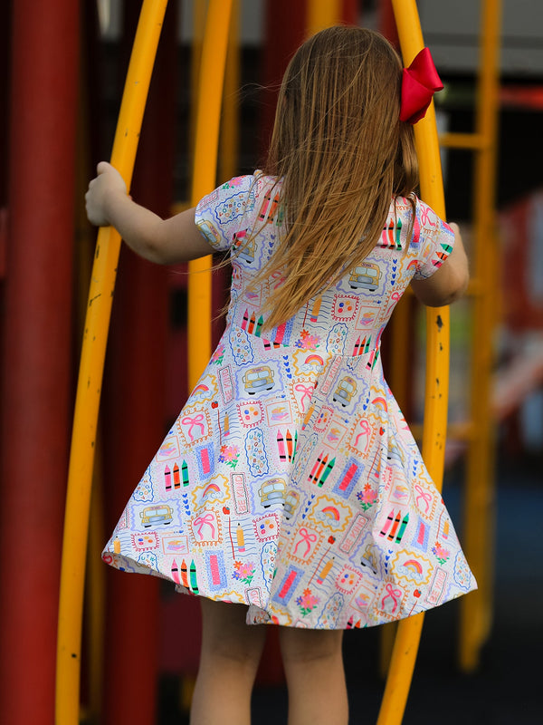 Back to School Rainbow Print Girls Dress Short Sleeve