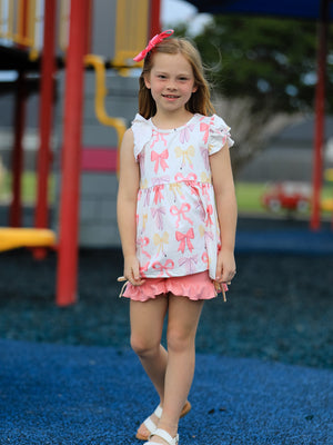 BACK TO SCHOOL Girl's Summer Bow Short Sleeve Shorts Set