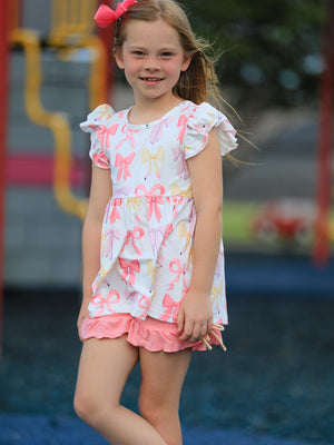 BACK TO SCHOOL Girl's Summer Bow Short Sleeve Shorts Set