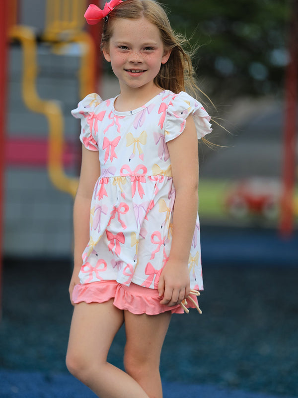 BACK TO SCHOOL Girl's Summer Bow Short Sleeve Shorts Set