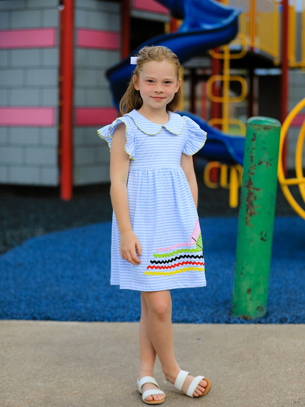Girls Back To School Crayon Dress Ruffle Petal Collar Applique