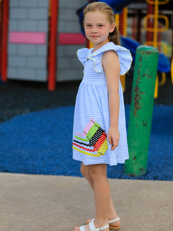 Girls Back To School Crayon Dress Ruffle Petal Collar Applique